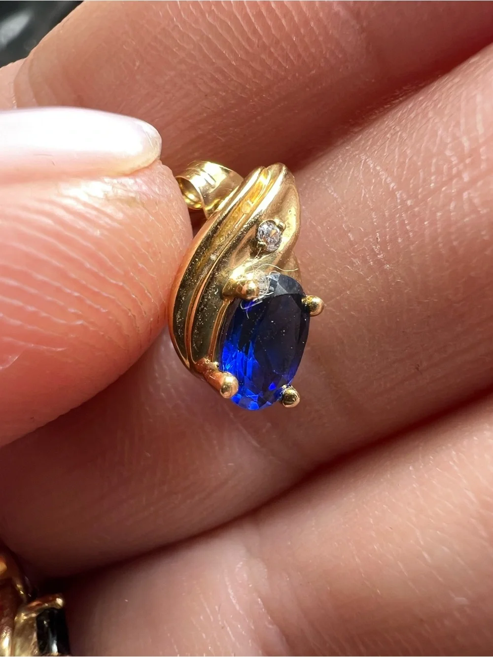 10K Gold Blue Sapphire Oval Stud Earrings with CZ Accent